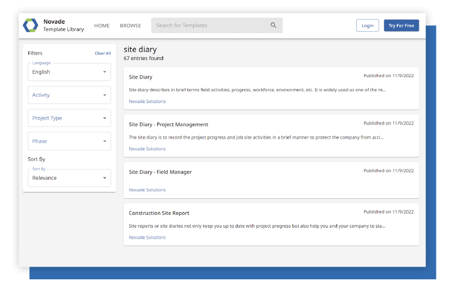 Site diary templates Site diary form builder on Novade Lite